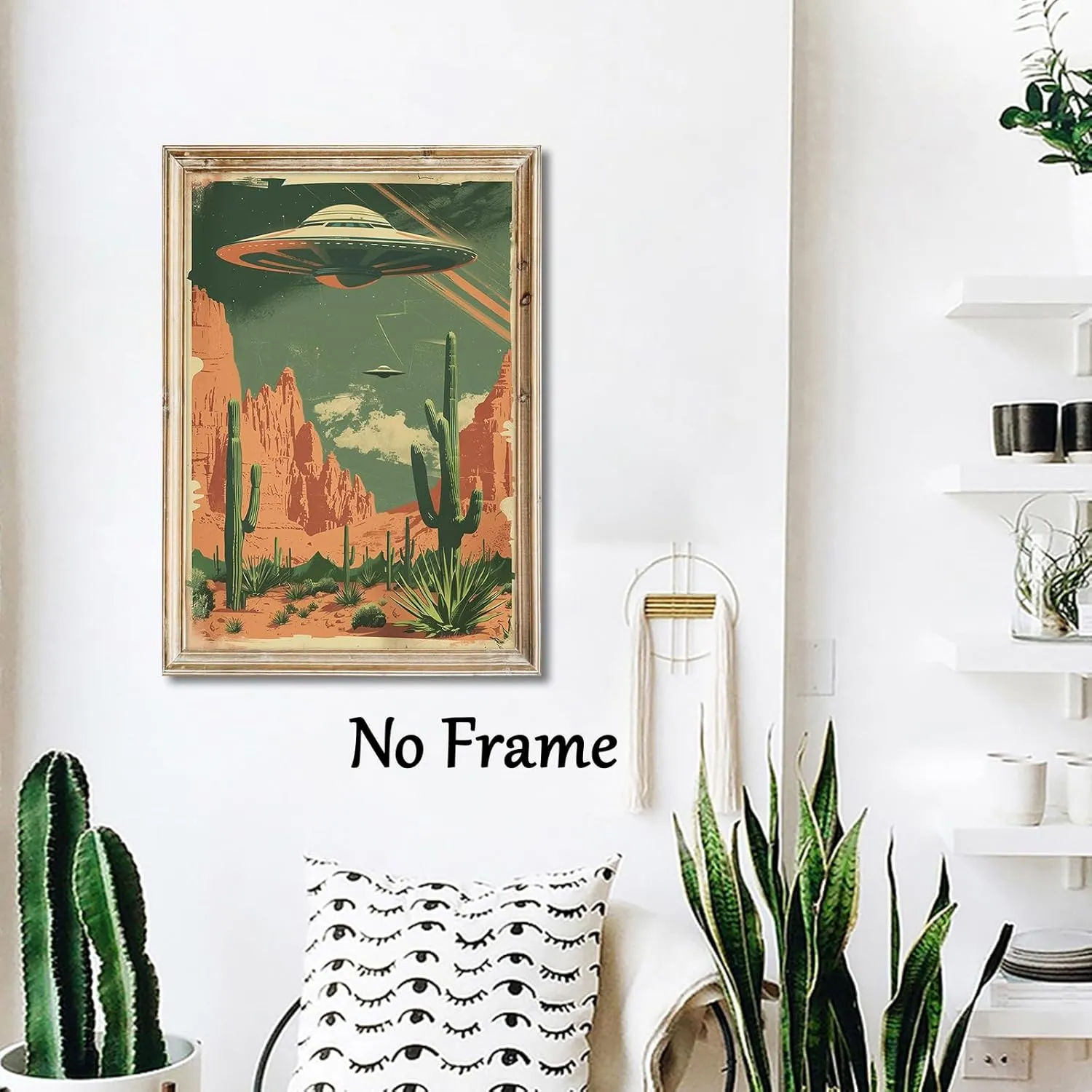 Desert Landscape Canvas Wall Art UFO Pictures Alien Abduction Poster Desert Cactus Prints Flying Saucer Picture Desert Mountains Painting Vintage UFO Artwork Desert Prints Large 16x24inch No Frame