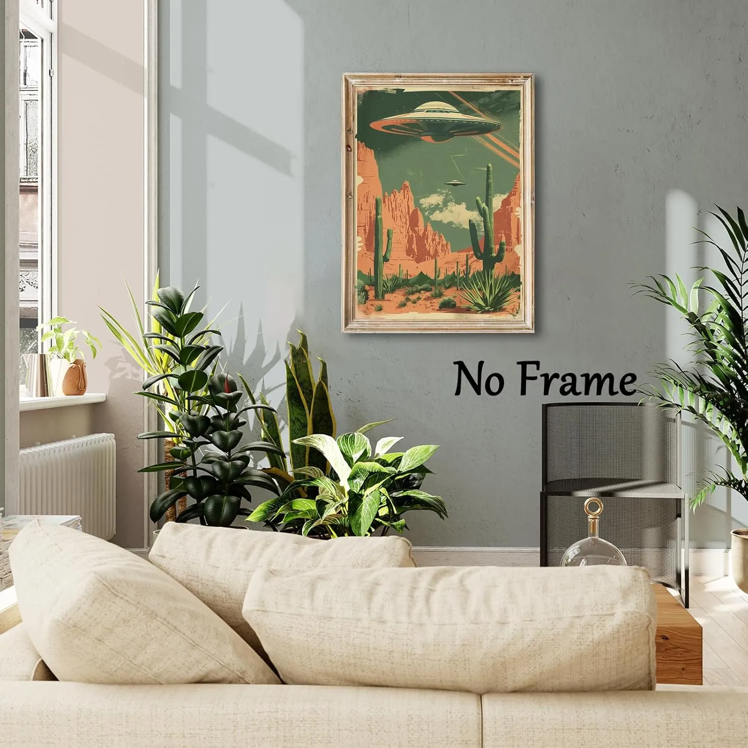 Desert Landscape Canvas Wall Art UFO Pictures Alien Abduction Poster Desert Cactus Prints Flying Saucer Picture Desert Mountains Painting Vintage UFO Artwork Desert Prints Large 16x24inch No Frame
