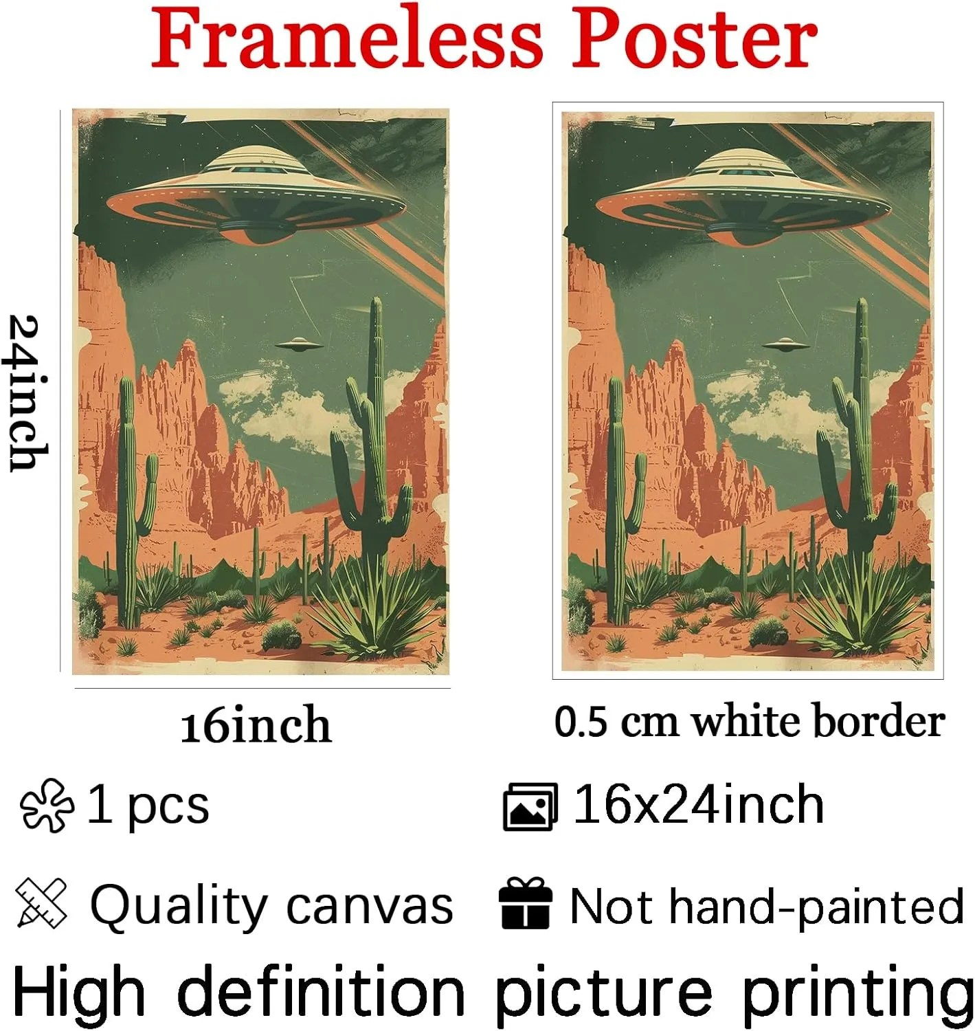 Desert Landscape Canvas Wall Art UFO Pictures Alien Abduction Poster Desert Cactus Prints Flying Saucer Picture Desert Mountains Painting Vintage UFO Artwork Desert Prints Large 16x24inch No Frame