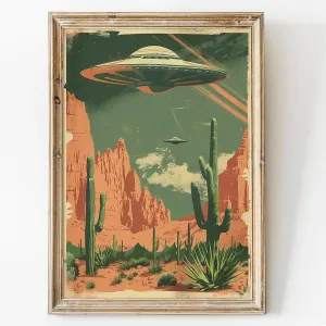 Desert Landscape Canvas Wall Art UFO Pictures Alien Abduction Poster Desert Cactus Prints Flying Saucer Picture Desert Mountains Painting Vintage UFO Artwork Desert Prints Large 16x24inch No Frame