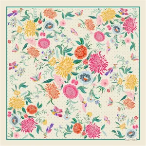 Designer Silk Scarf in Gift Box – 100% Natural Silk, Luxury Pure Mulberry Scarf, Modern, Unique Design, Hand-Drawn Vintage 20s Style, Teal Polkadot with Colorful Flowers