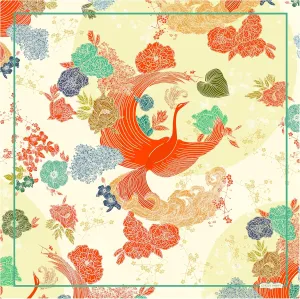 Designer Silk Scarf in Gift Box – 100% Natural Silk, Luxury Pure Mulberry Scarf, Unique Design, Hand-Drawn Artwork- Japanese Crane & Flowers in cream and red colors