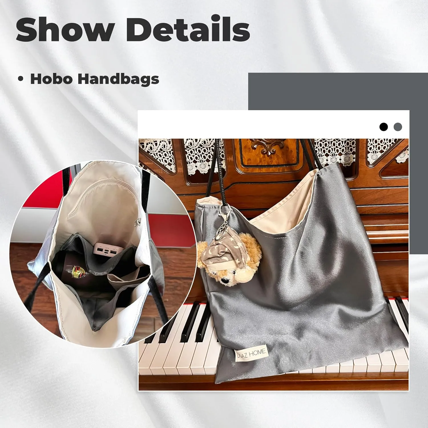 DGAZ Silk Designer Bags for Women, Luxury Tote Bag with Zipper, Large Shoulder Hobo Bags