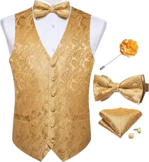 DiBanGu Mens Paisley Suit Waistcoat,Silk Dress Vest and Bowtie Pocket Square Cufflinks with Lapel Pin Set for Wedding Tuxedo