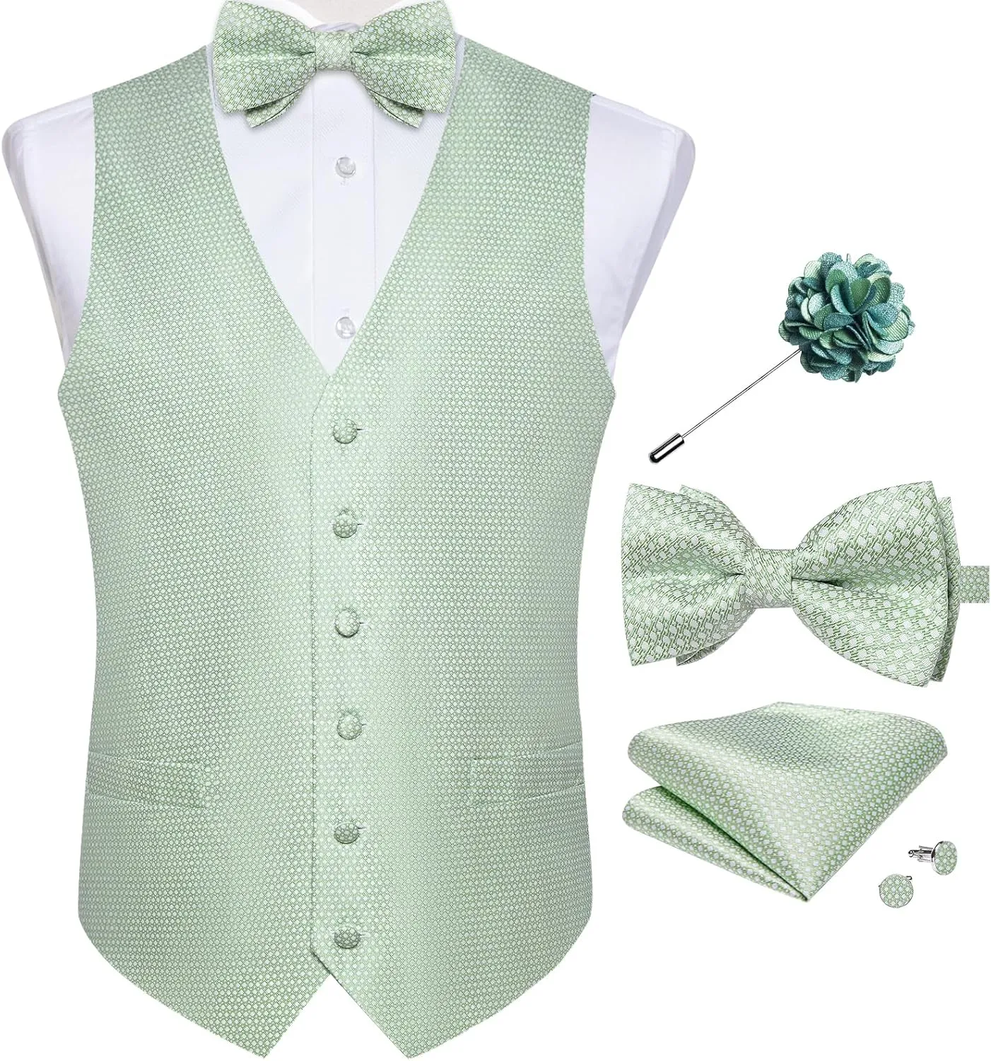 DiBanGu Mens Paisley Suit Waistcoat,Silk Dress Vest and Bowtie Pocket Square Cufflinks with Lapel Pin Set for Wedding Tuxedo