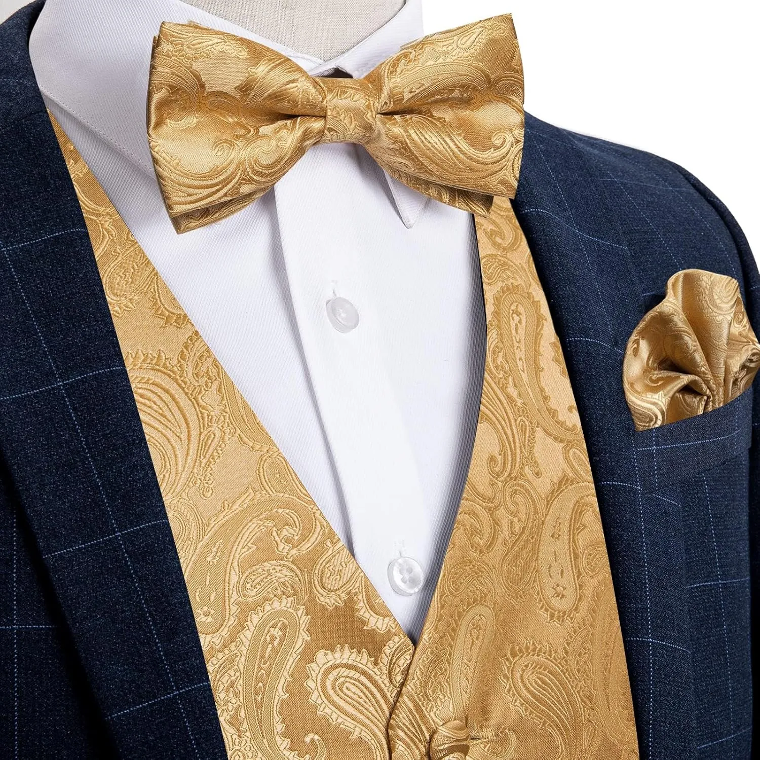 DiBanGu Mens Paisley Suit Waistcoat,Silk Dress Vest and Bowtie Pocket Square Cufflinks with Lapel Pin Set for Wedding Tuxedo