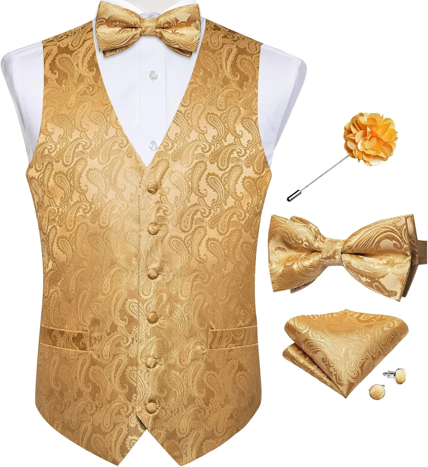 DiBanGu Mens Paisley Suit Waistcoat,Silk Dress Vest and Bowtie Pocket Square Cufflinks with Lapel Pin Set for Wedding Tuxedo