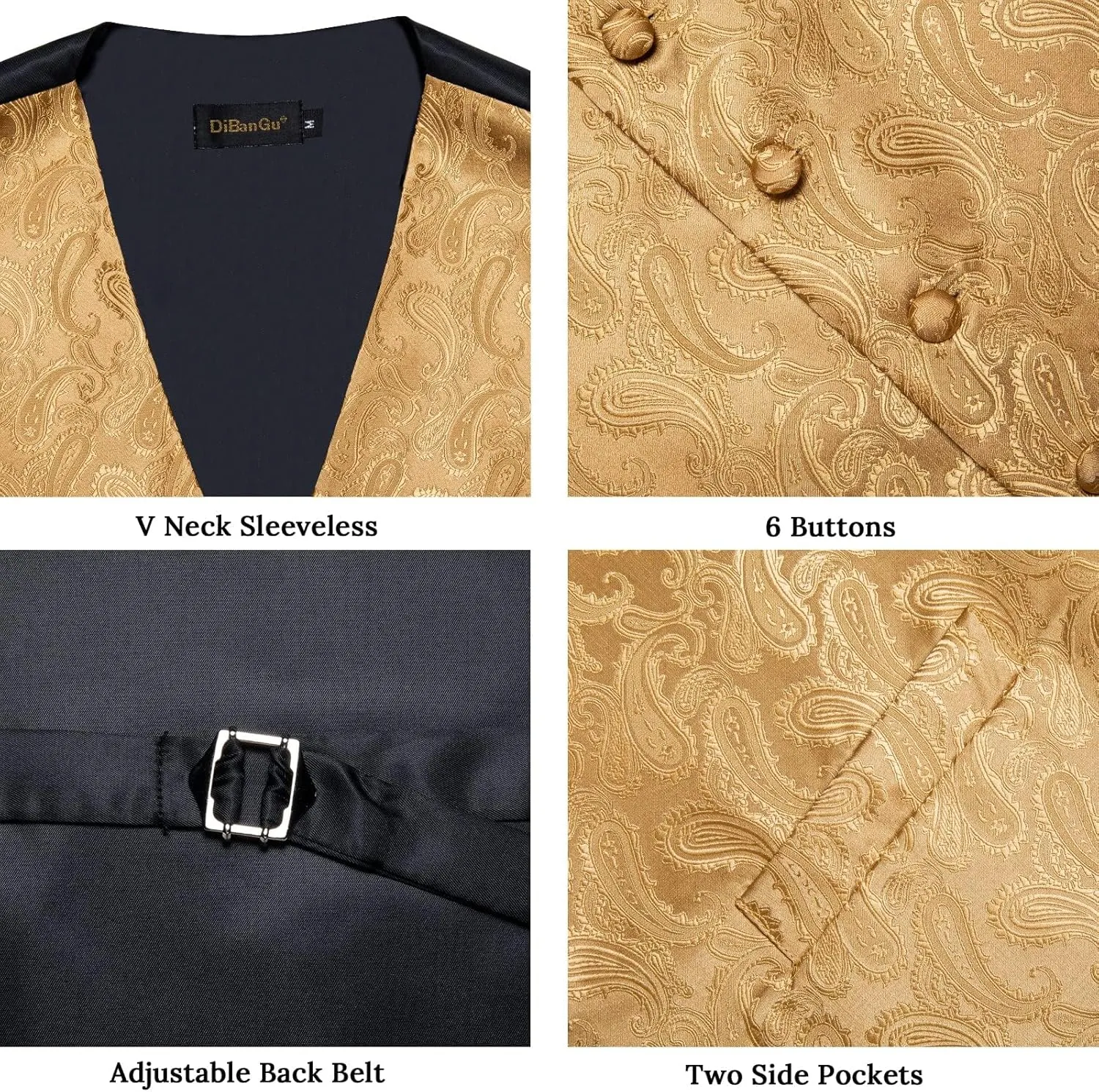 DiBanGu Mens Paisley Suit Waistcoat,Silk Dress Vest and Bowtie Pocket Square Cufflinks with Lapel Pin Set for Wedding Tuxedo