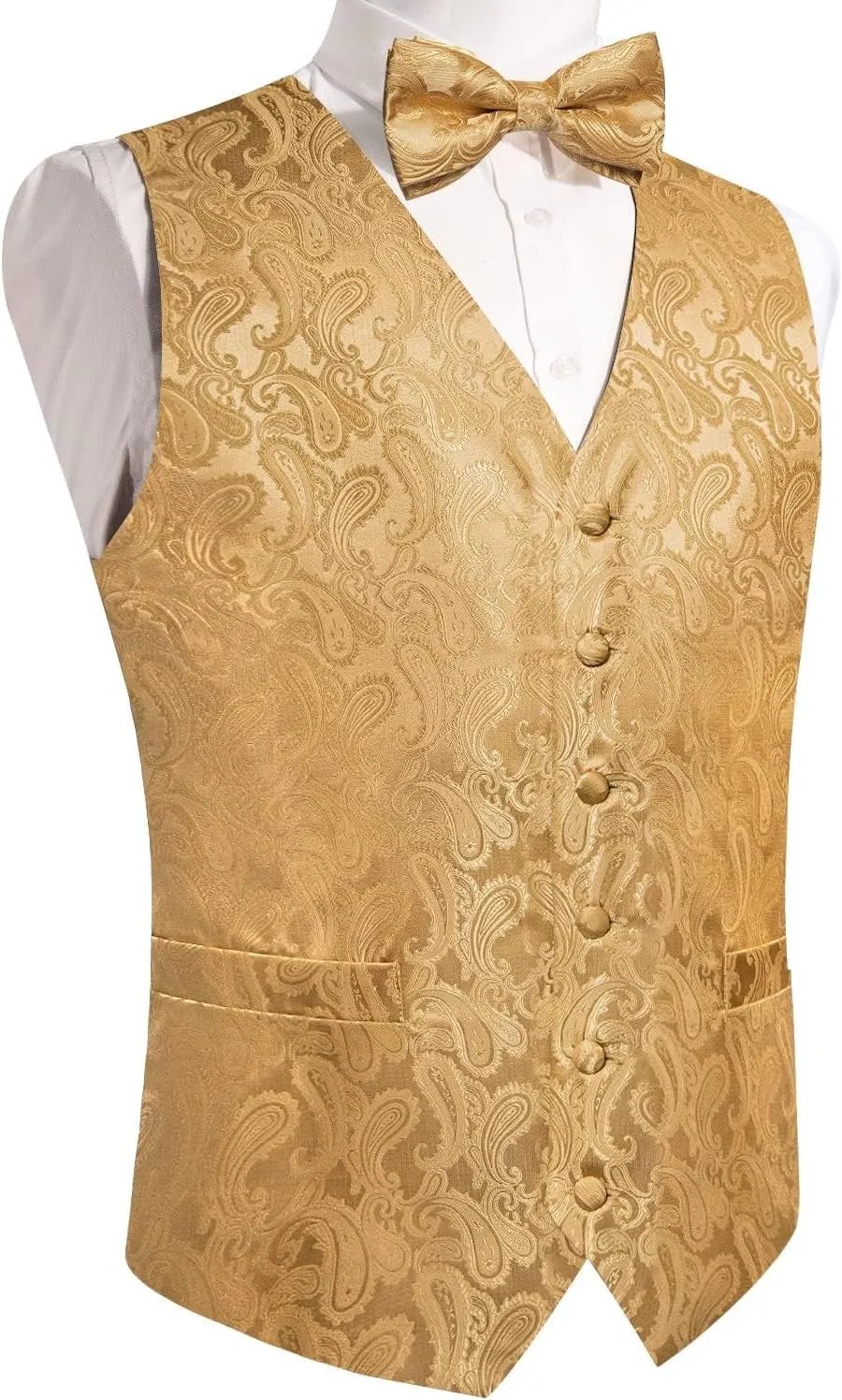 DiBanGu Mens Paisley Suit Waistcoat,Silk Dress Vest and Bowtie Pocket Square Cufflinks with Lapel Pin Set for Wedding Tuxedo