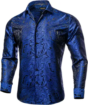 DiBanGu Mens Silk Paisley Dress Shirts,Long Sleeve Button Down Shirt Casual Regular Fit Shirt for Men Wedding Party