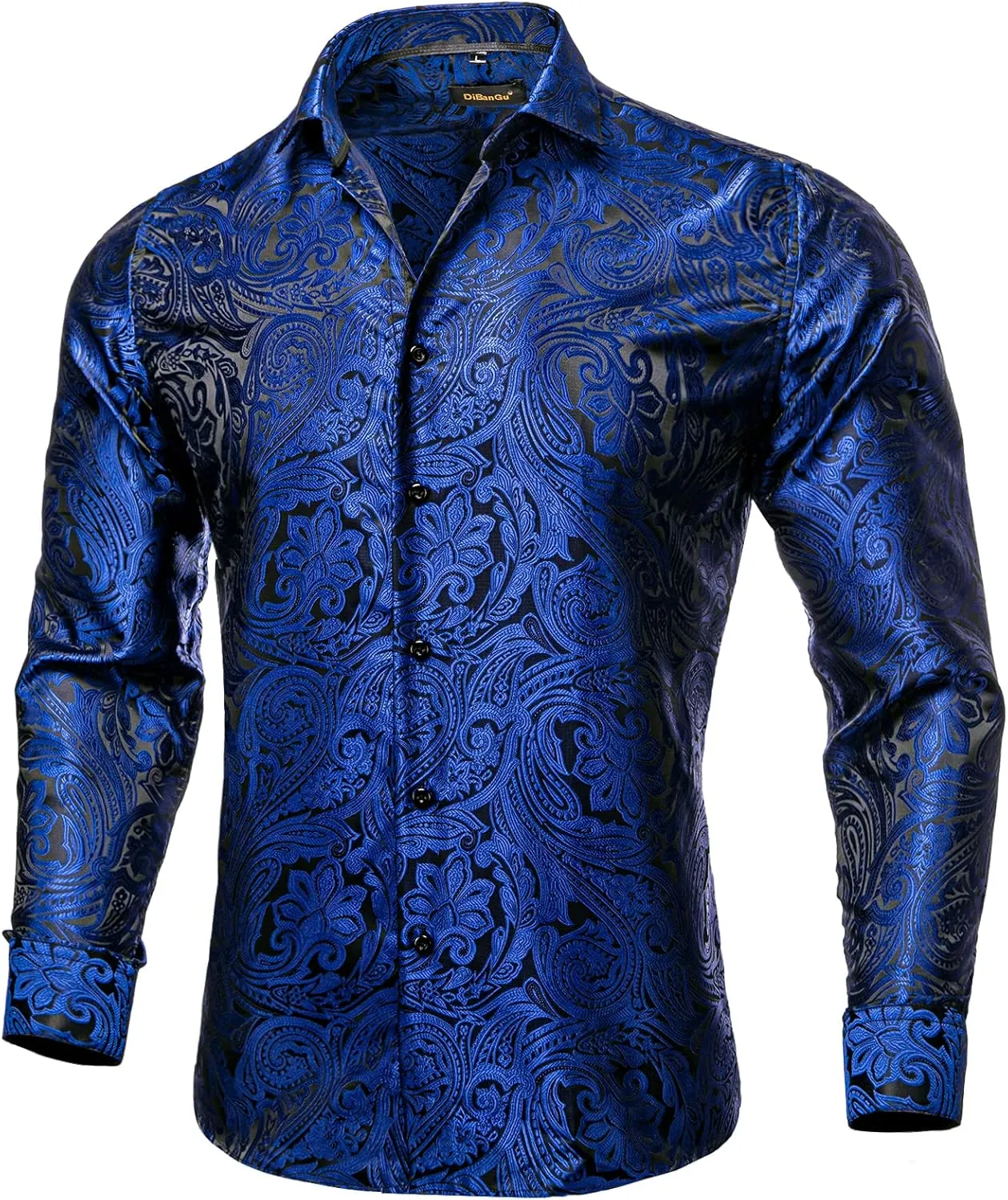 DiBanGu Mens Silk Paisley Dress Shirts,Long Sleeve Button Down Shirt Casual Regular Fit Shirt for Men Wedding Party