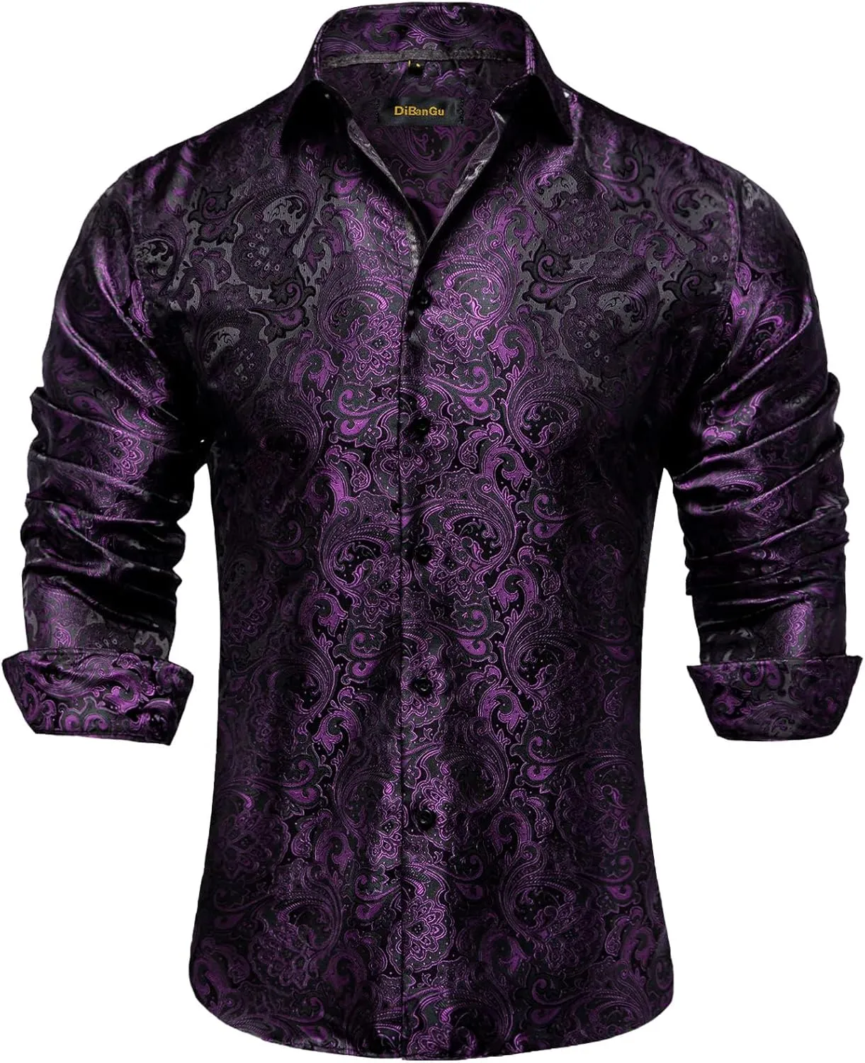 DiBanGu Mens Silk Paisley Dress Shirts,Long Sleeve Button Down Shirt Casual Regular Fit Shirt for Men Wedding Party