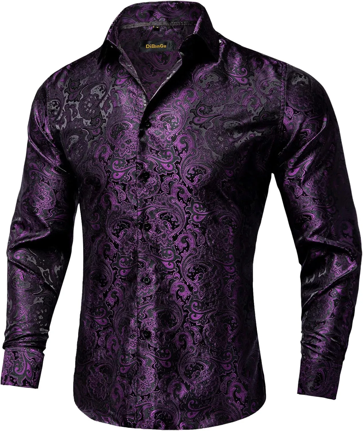 DiBanGu Mens Silk Paisley Dress Shirts,Long Sleeve Button Down Shirt Casual Regular Fit Shirt for Men Wedding Party