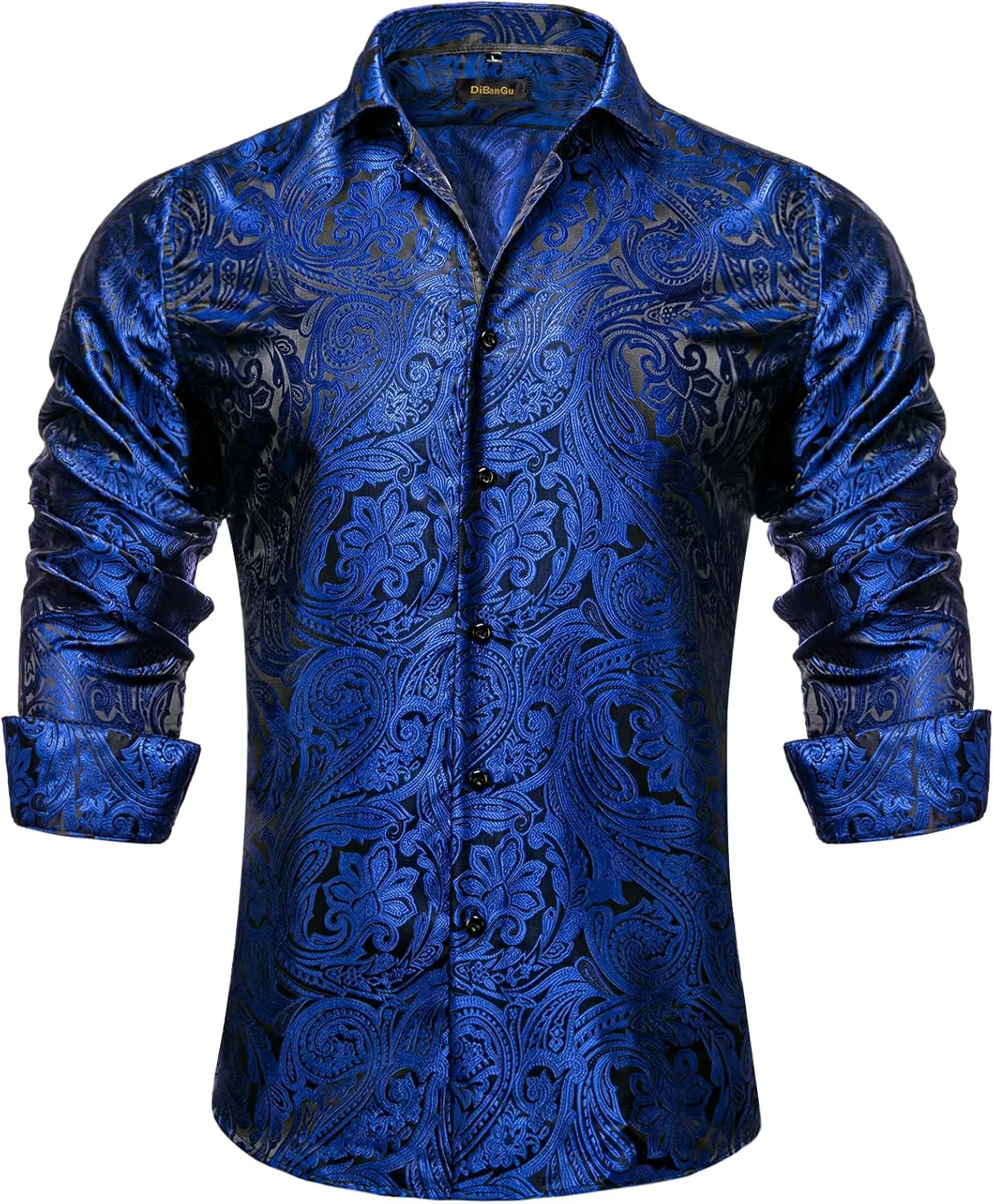 DiBanGu Mens Silk Paisley Dress Shirts,Long Sleeve Button Down Shirt Casual Regular Fit Shirt for Men Wedding Party