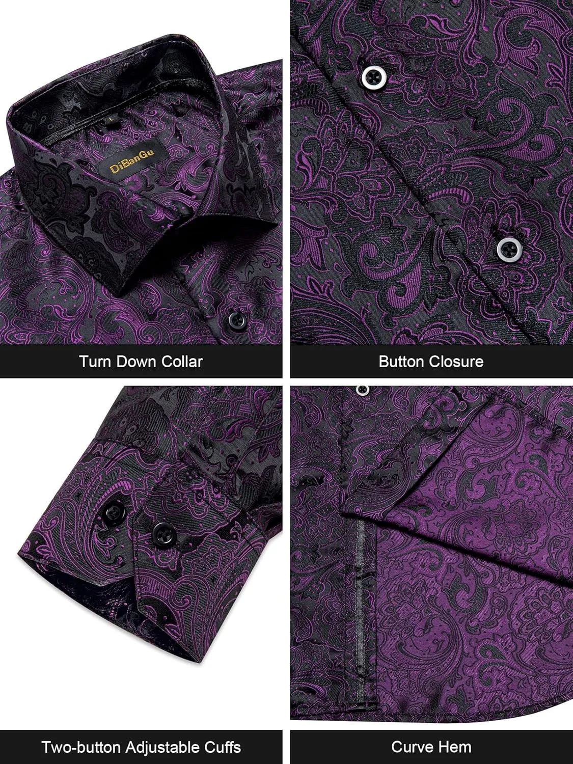DiBanGu Mens Silk Paisley Dress Shirts,Long Sleeve Button Down Shirt Casual Regular Fit Shirt for Men Wedding Party