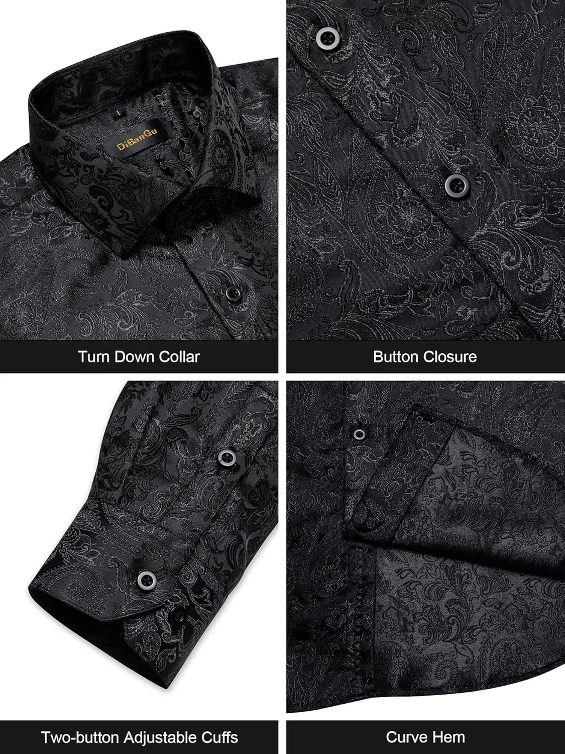 DiBanGu Mens Silk Paisley Dress Shirts,Long Sleeve Button Down Shirt Casual Regular Fit Shirt for Men Wedding Party