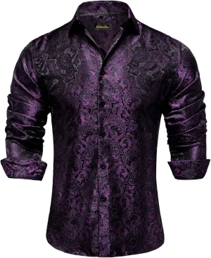 DiBanGu Mens Silk Paisley Dress Shirts,Long Sleeve Button Down Shirt Casual Regular Fit Shirt for Men Wedding Party