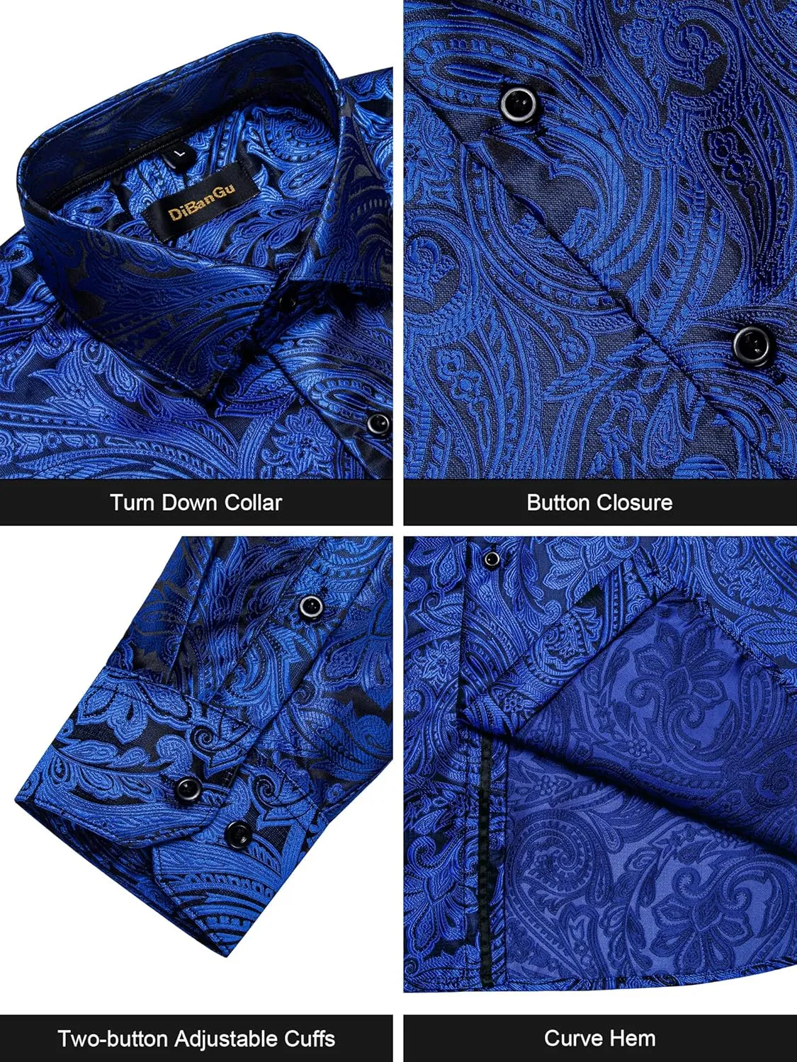 DiBanGu Mens Silk Paisley Dress Shirts,Long Sleeve Button Down Shirt Casual Regular Fit Shirt for Men Wedding Party