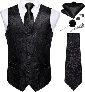 DiBanGu Mens Vest and Tie Set Formal Paisley Waistcoat and Necktie Pocket Square Cufflinks Silk Suit Vest for Tuxedo Wedding