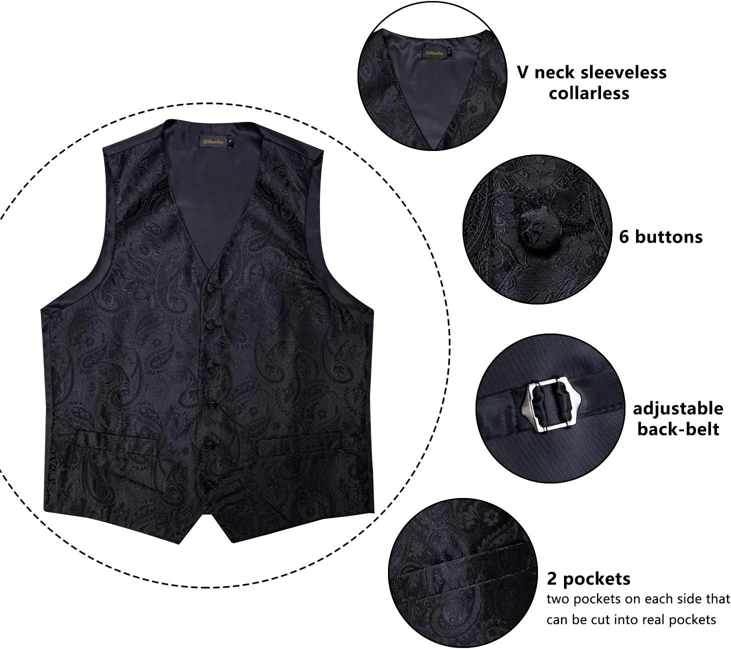 DiBanGu Mens Vest and Tie Set Formal Paisley Waistcoat and Necktie Pocket Square Cufflinks Silk Suit Vest for Tuxedo Wedding