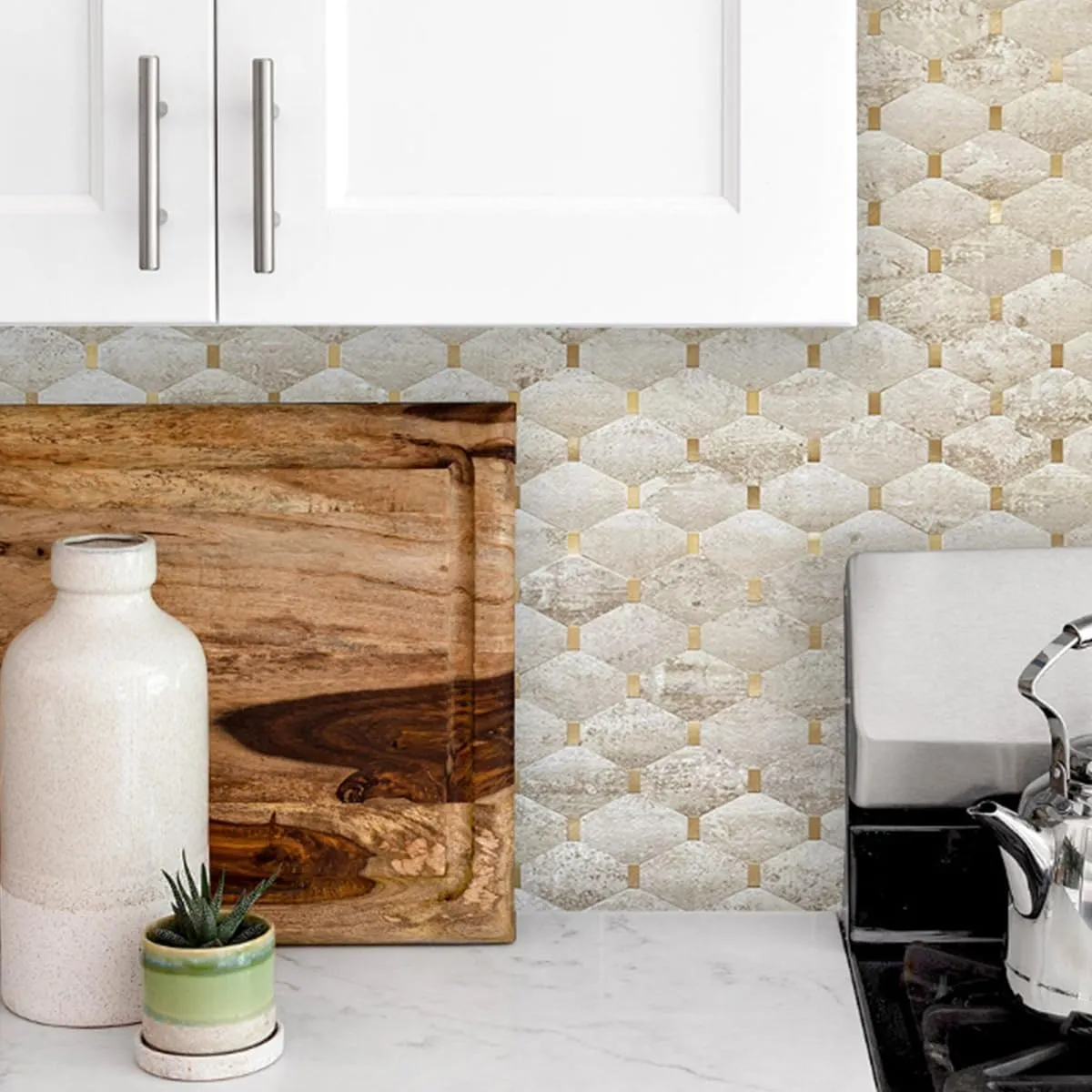 DICOFUN 10-Sheet Long Octagon Peel and Stick Backsplash, Faxu Stone PVC Mixed Metal Gold Stick on Wall Tiles Kitchen Backsplash (10, Beige Stone & Metal Gold)
