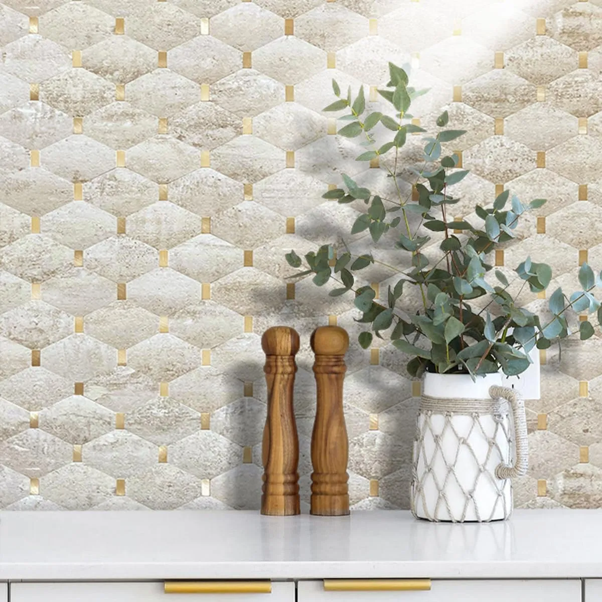 DICOFUN 10-Sheet Long Octagon Peel and Stick Backsplash, Faxu Stone PVC Mixed Metal Gold Stick on Wall Tiles Kitchen Backsplash (10, Beige Stone & Metal Gold)