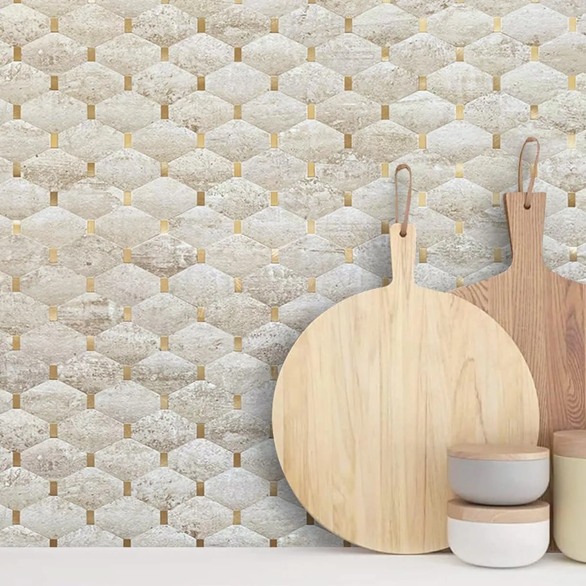 DICOFUN 10-Sheet Long Octagon Peel and Stick Backsplash, Faxu Stone PVC Mixed Metal Gold Stick on Wall Tiles Kitchen Backsplash (10, Beige Stone & Metal Gold)