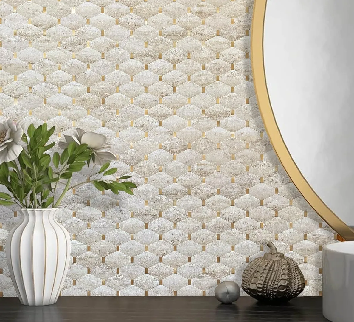 DICOFUN 10-Sheet Long Octagon Peel and Stick Backsplash, Faxu Stone PVC Mixed Metal Gold Stick on Wall Tiles Kitchen Backsplash (10, Beige Stone & Metal Gold)