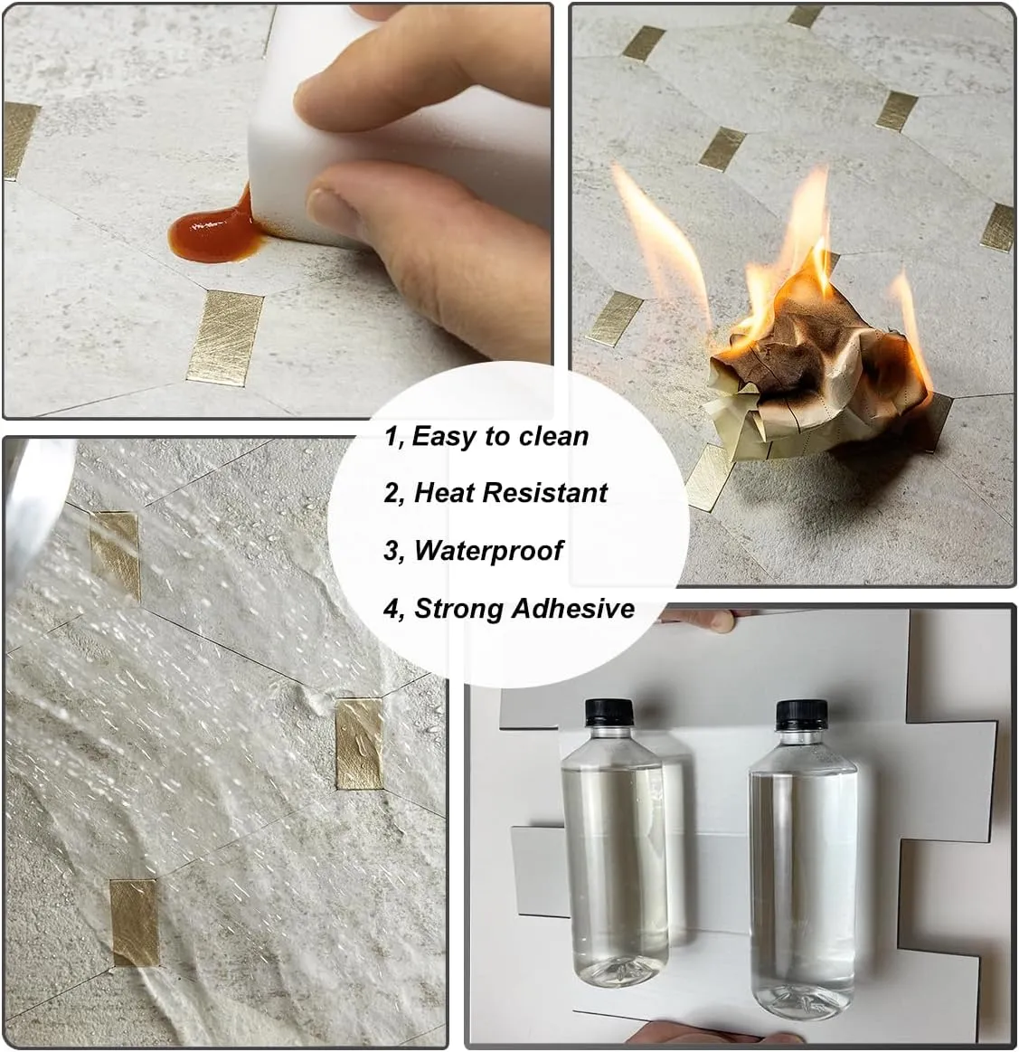 DICOFUN 10-Sheet Long Octagon Peel and Stick Backsplash, Faxu Stone PVC Mixed Metal Gold Stick on Wall Tiles Kitchen Backsplash (10, Beige Stone & Metal Gold)