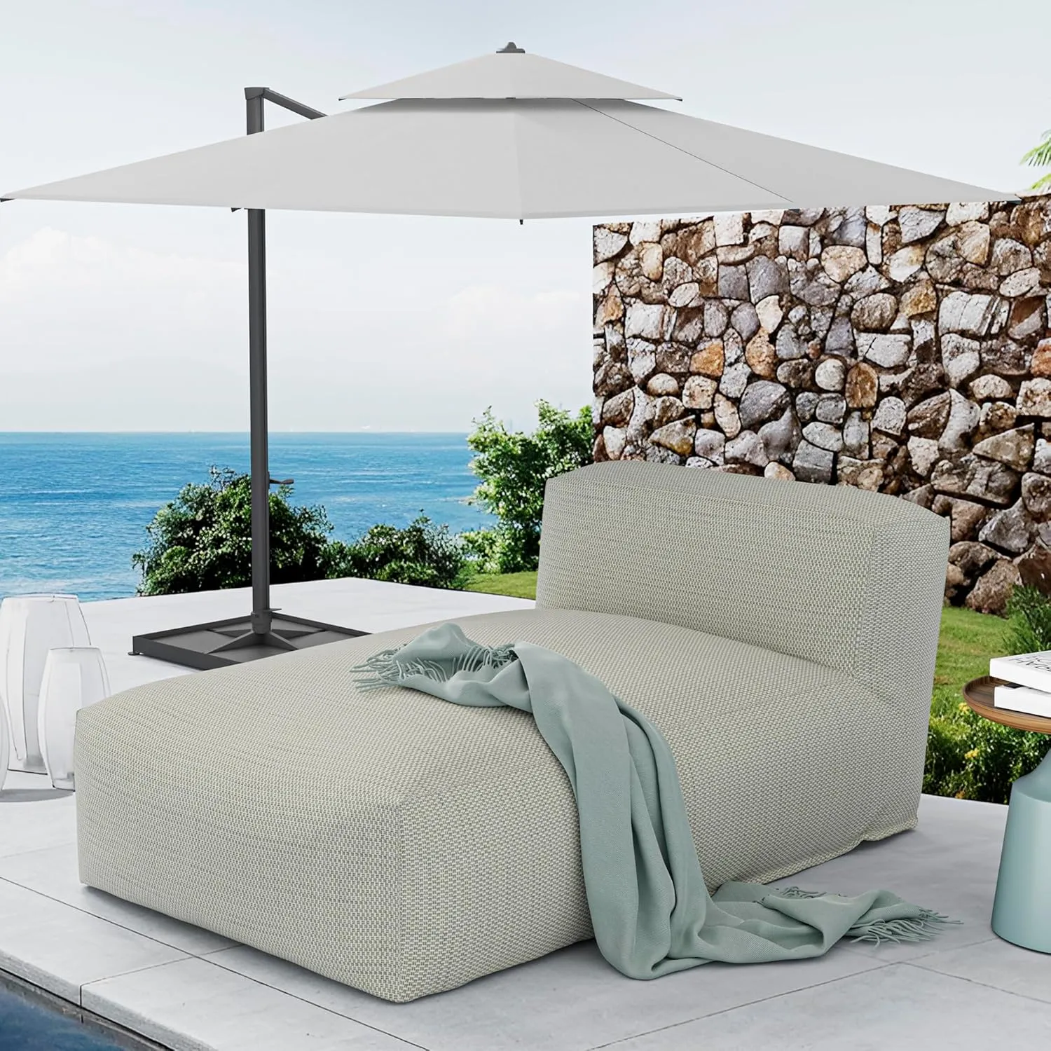 Dineli Chaise Lounge Chair Outdoor Bed Lounger Outdoor Couch Sofa for Pool Comfy Patio Furniture Foam Filling Bean Bed Chair Lazy Sofa for Outside, Water-Resistant Sunbed (Light Green, 59'' Length)