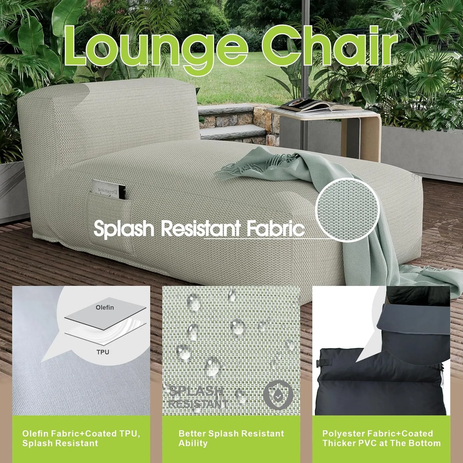 Dineli Chaise Lounge Chair Outdoor Bed Lounger Outdoor Couch Sofa for Pool Comfy Patio Furniture Foam Filling Bean Bed Chair Lazy Sofa for Outside, Water-Resistant Sunbed (Light Green, 59'' Length)