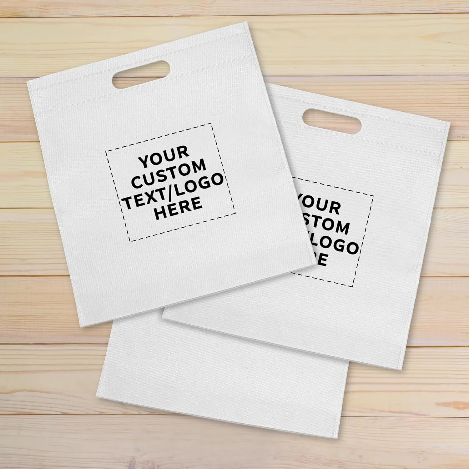 DISCOUNT PROMOS 10 Exhibition Tote Bags Set - Customizable Text, Logo - Non-woven, Soft, Recyclable, Reusable - White 15"X16"2.5", Die-cut Handles