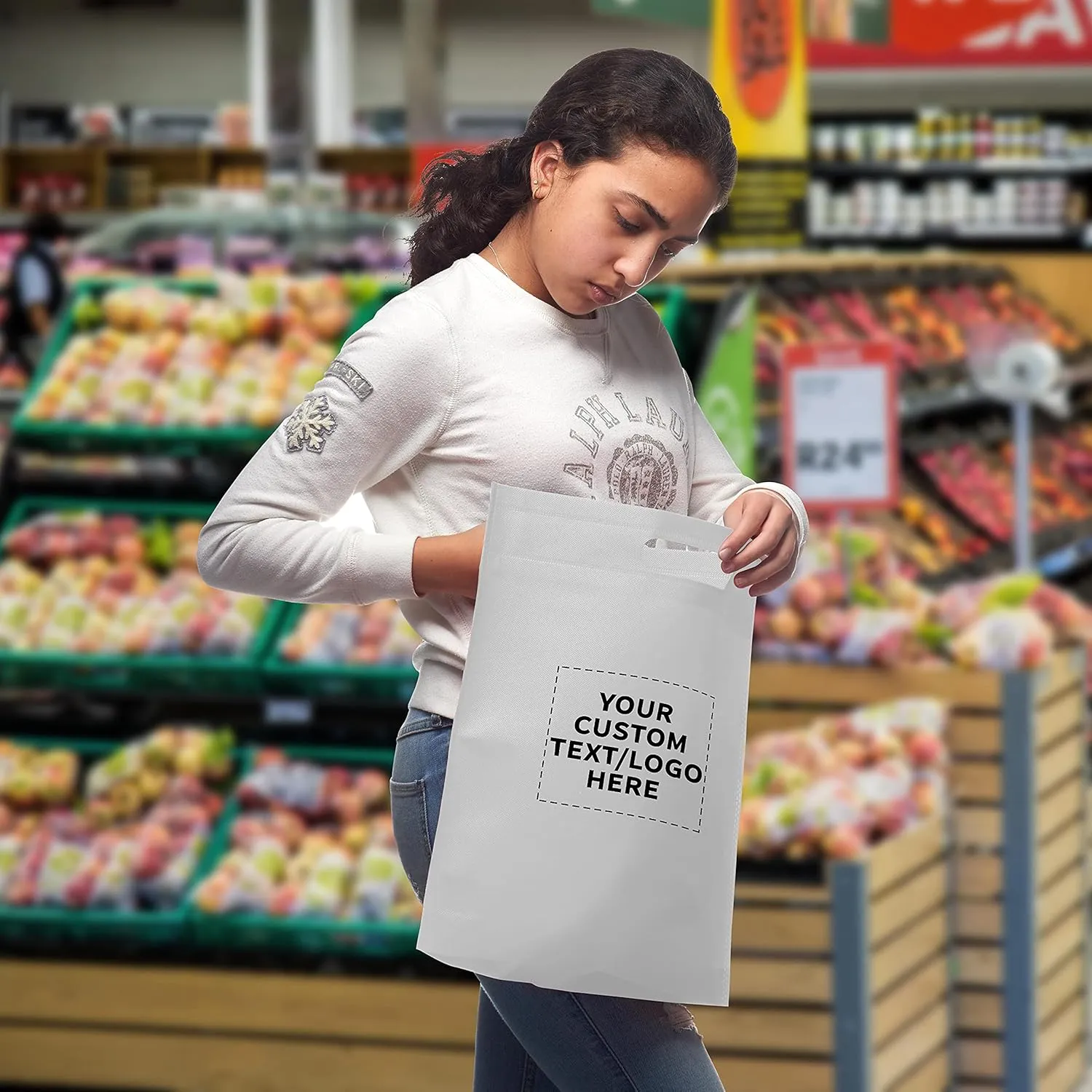 DISCOUNT PROMOS 10 Exhibition Tote Bags Set - Customizable Text, Logo - Non-woven, Soft, Recyclable, Reusable - White 15"X16"2.5", Die-cut Handles