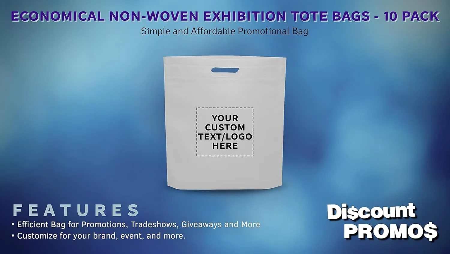 DISCOUNT PROMOS 10 Exhibition Tote Bags Set - Customizable Text, Logo - Non-woven, Soft, Recyclable, Reusable - White 15"X16"2.5", Die-cut Handles