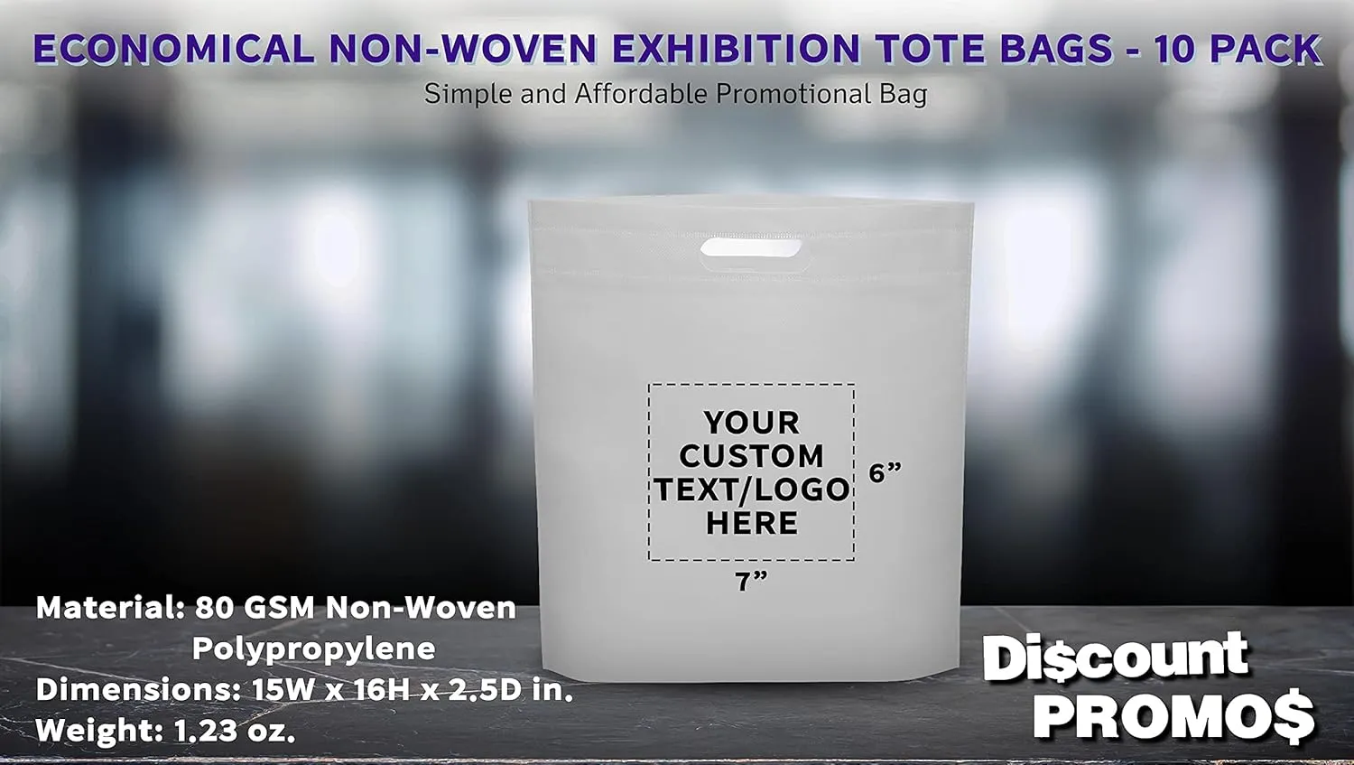 DISCOUNT PROMOS 10 Exhibition Tote Bags Set - Customizable Text, Logo - Non-woven, Soft, Recyclable, Reusable - White 15"X16"2.5", Die-cut Handles