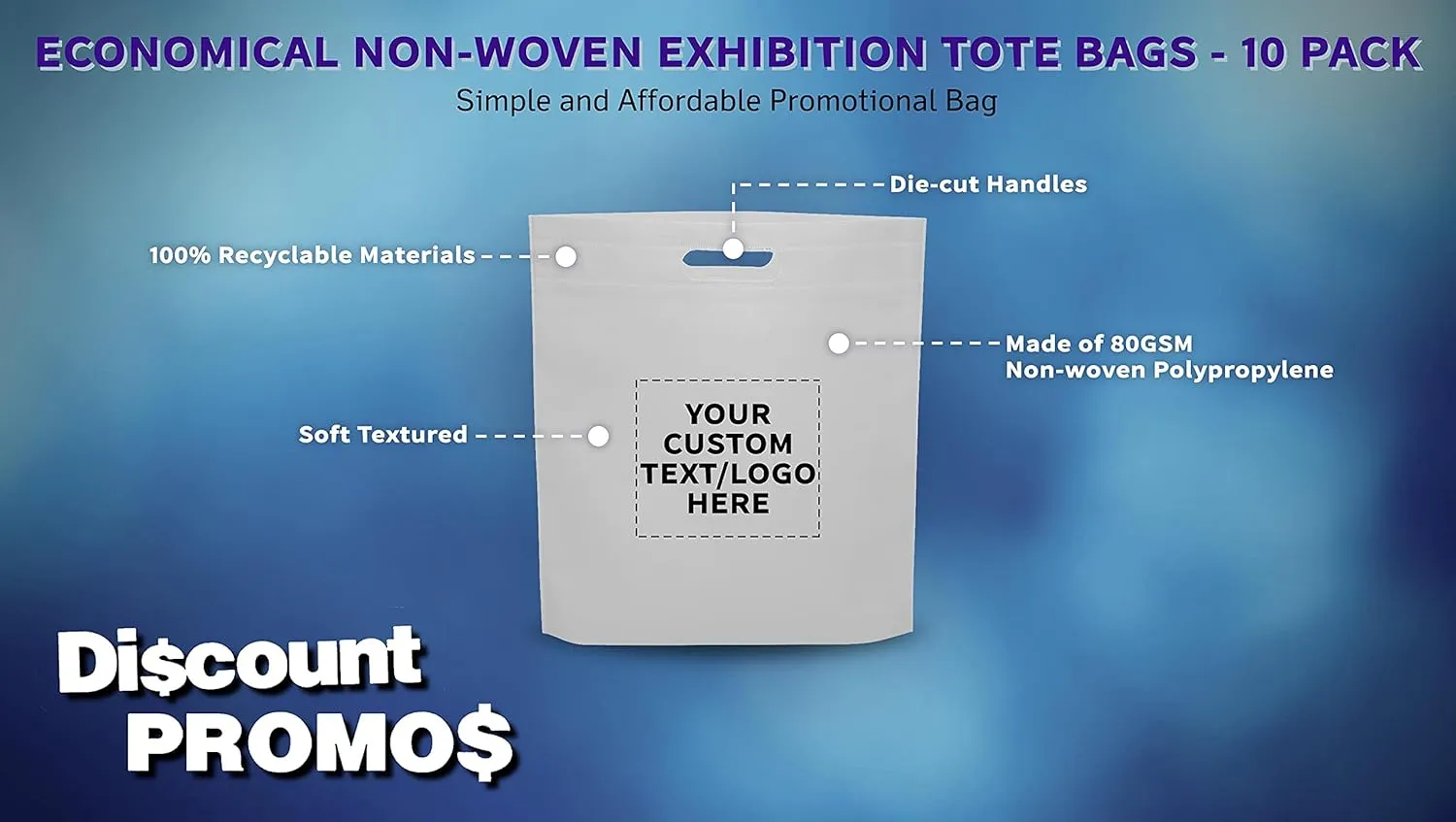 DISCOUNT PROMOS 10 Exhibition Tote Bags Set - Customizable Text, Logo - Non-woven, Soft, Recyclable, Reusable - White 15"X16"2.5", Die-cut Handles