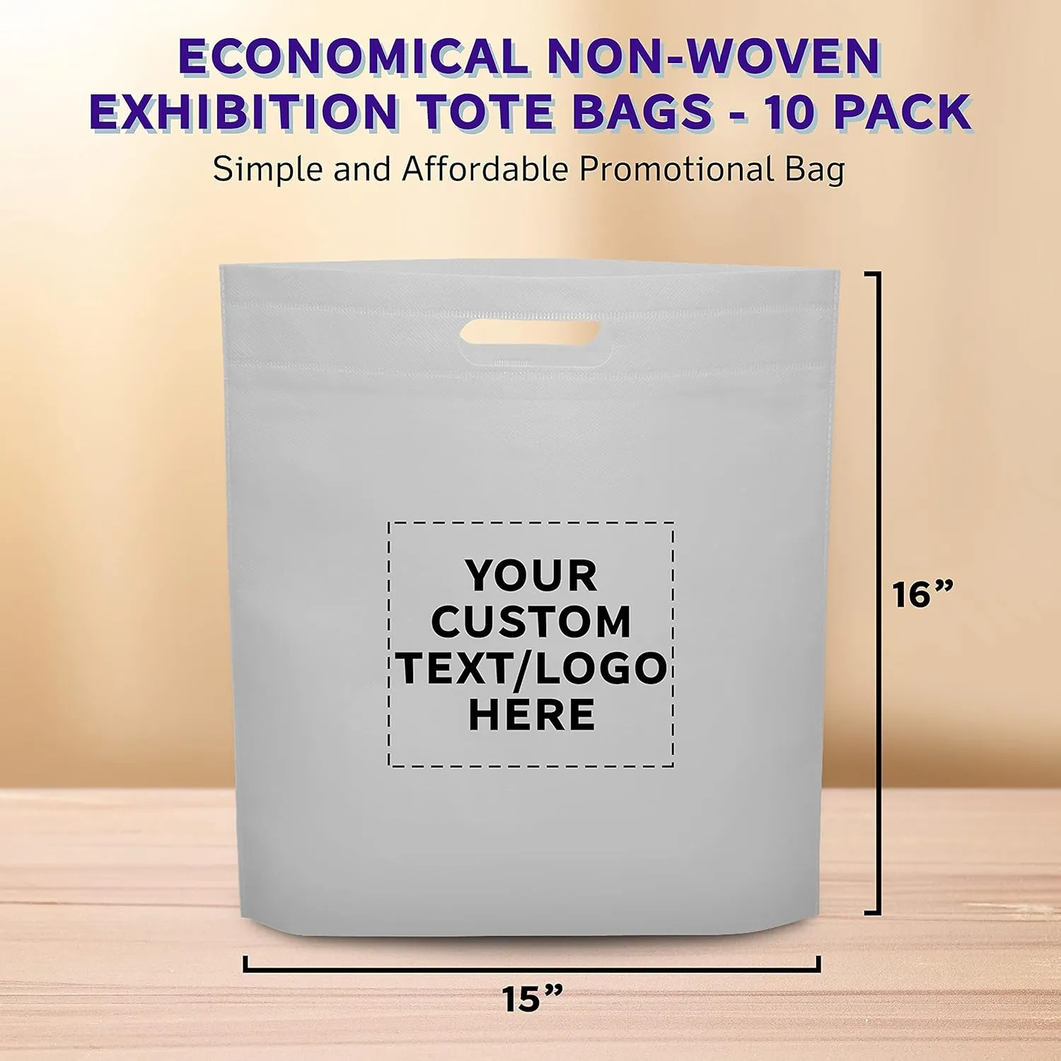 DISCOUNT PROMOS 10 Exhibition Tote Bags Set - Customizable Text, Logo - Non-woven, Soft, Recyclable, Reusable - White 15"X16"2.5", Die-cut Handles