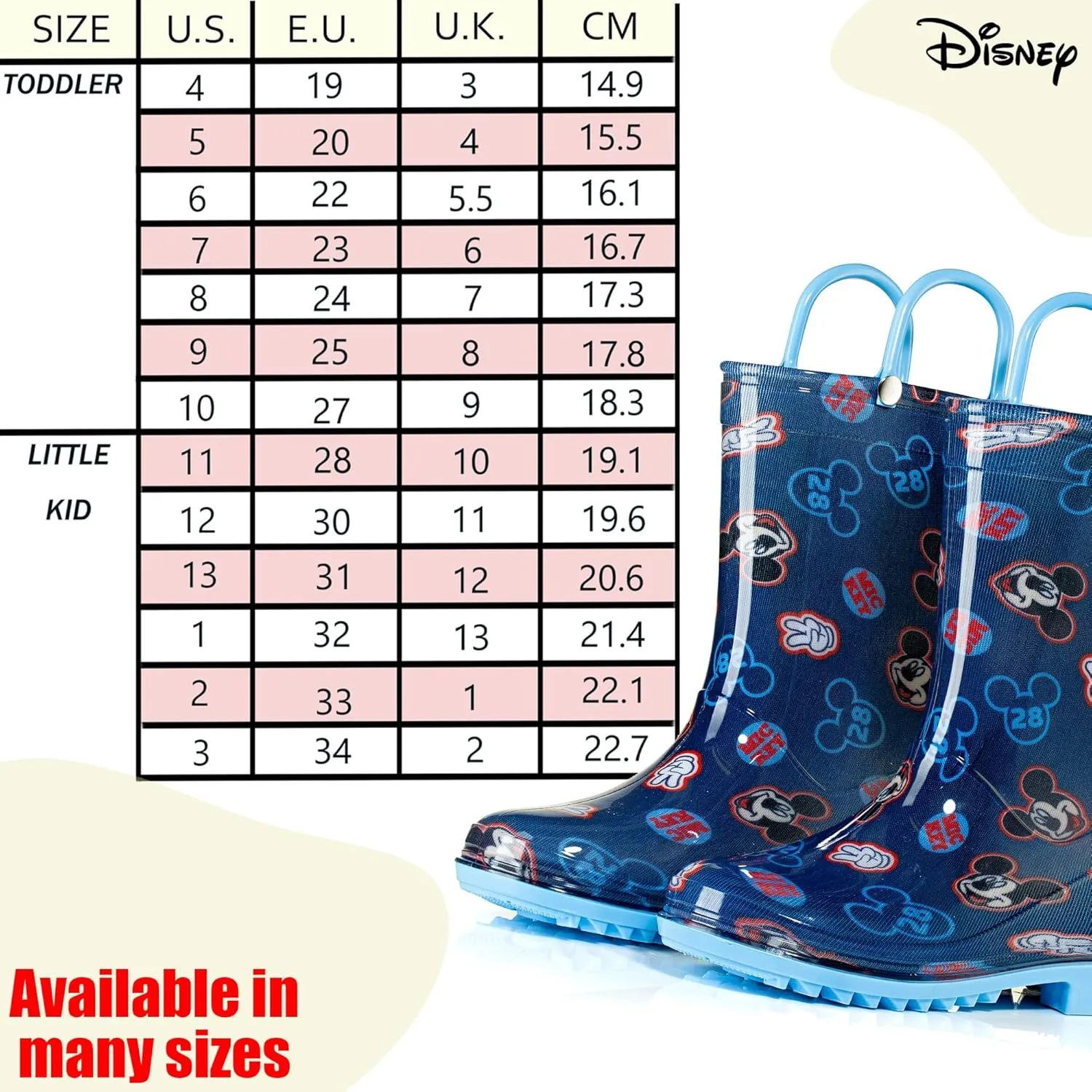 Disney Mickey Mouse Boys' Waterproof PVC Rain Boots with Handles – Toddler & Little Kids