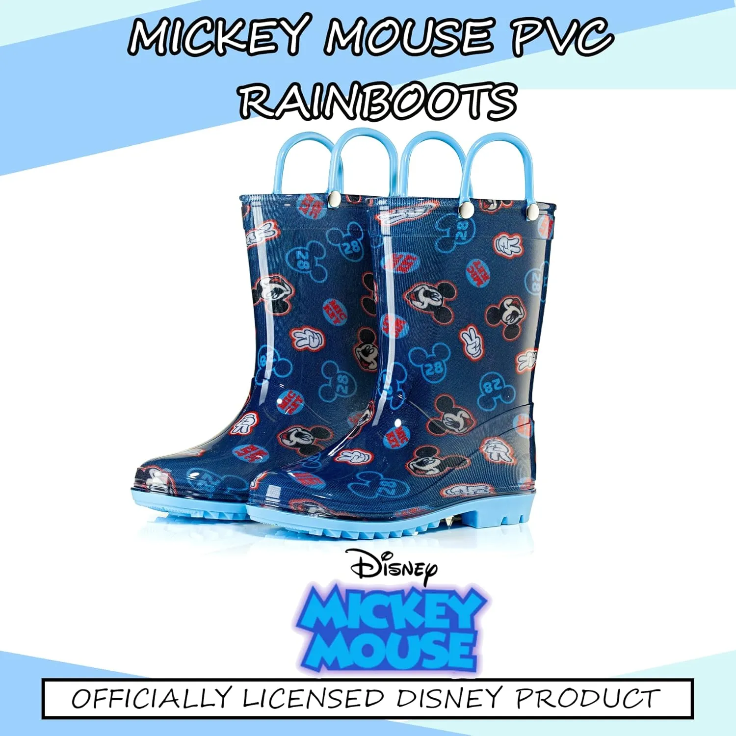 Disney Mickey Mouse Boys' Waterproof PVC Rain Boots with Handles – Toddler & Little Kids