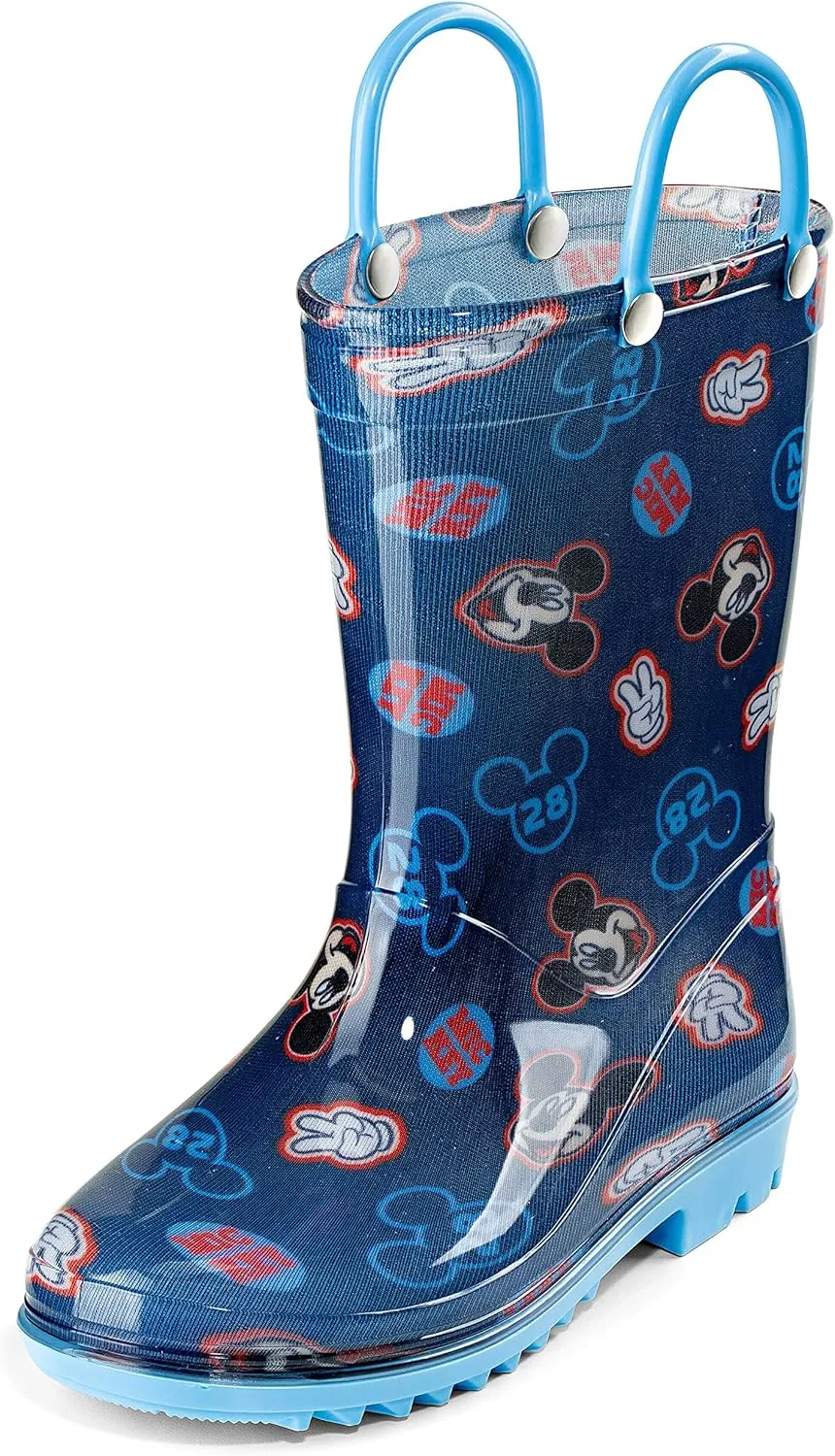Disney Mickey Mouse Boys' Waterproof PVC Rain Boots with Handles – Toddler & Little Kids