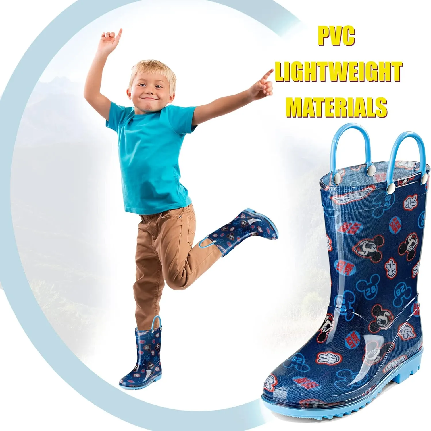 Disney Mickey Mouse Boys' Waterproof PVC Rain Boots with Handles – Toddler & Little Kids