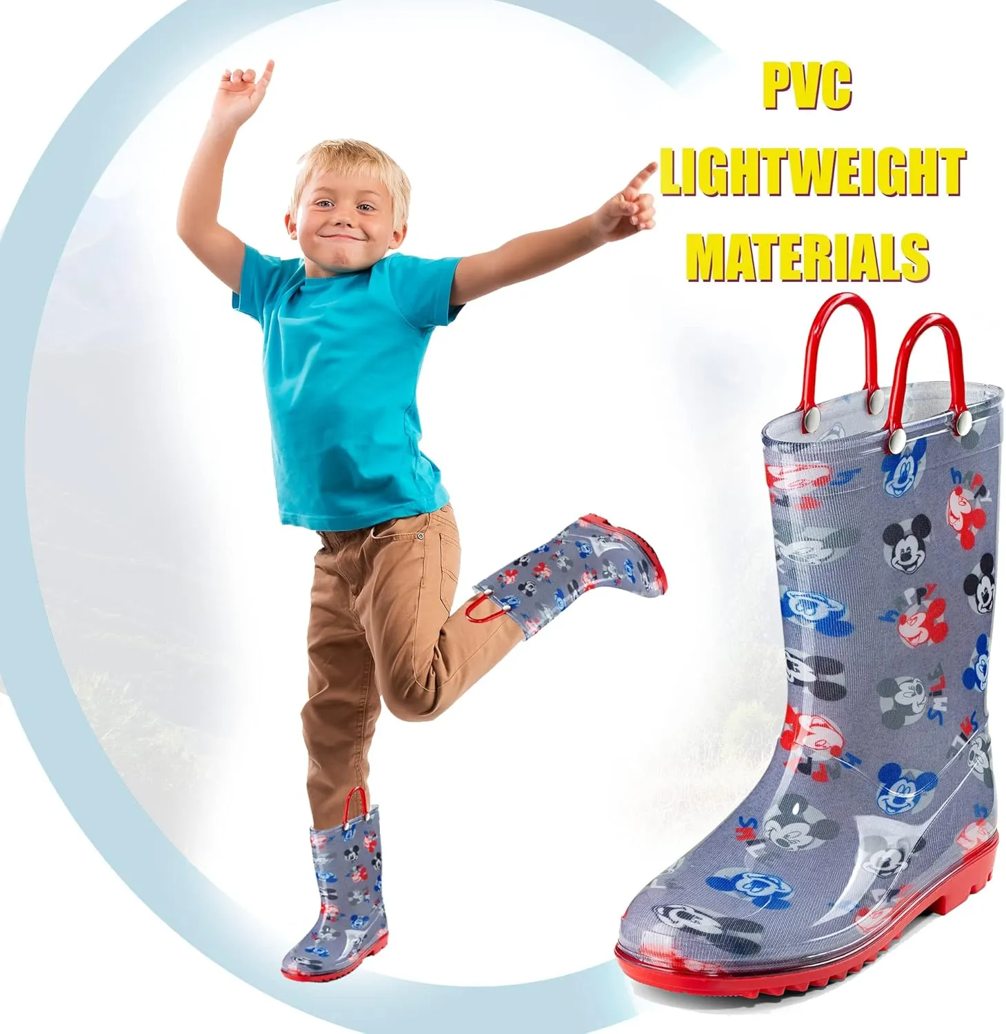 Disney Mickey Mouse Boys' Waterproof PVC Rain Boots with Handles – Toddler & Little Kids