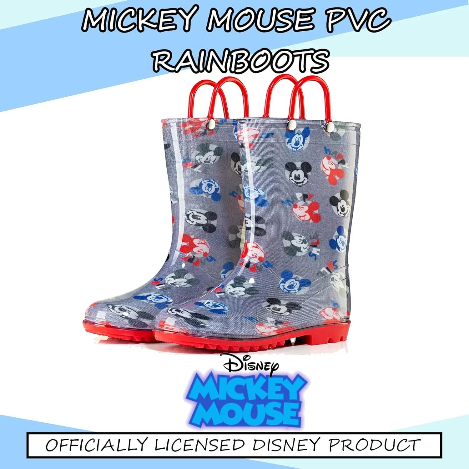 Disney Mickey Mouse Boys' Waterproof PVC Rain Boots with Handles – Toddler & Little Kids