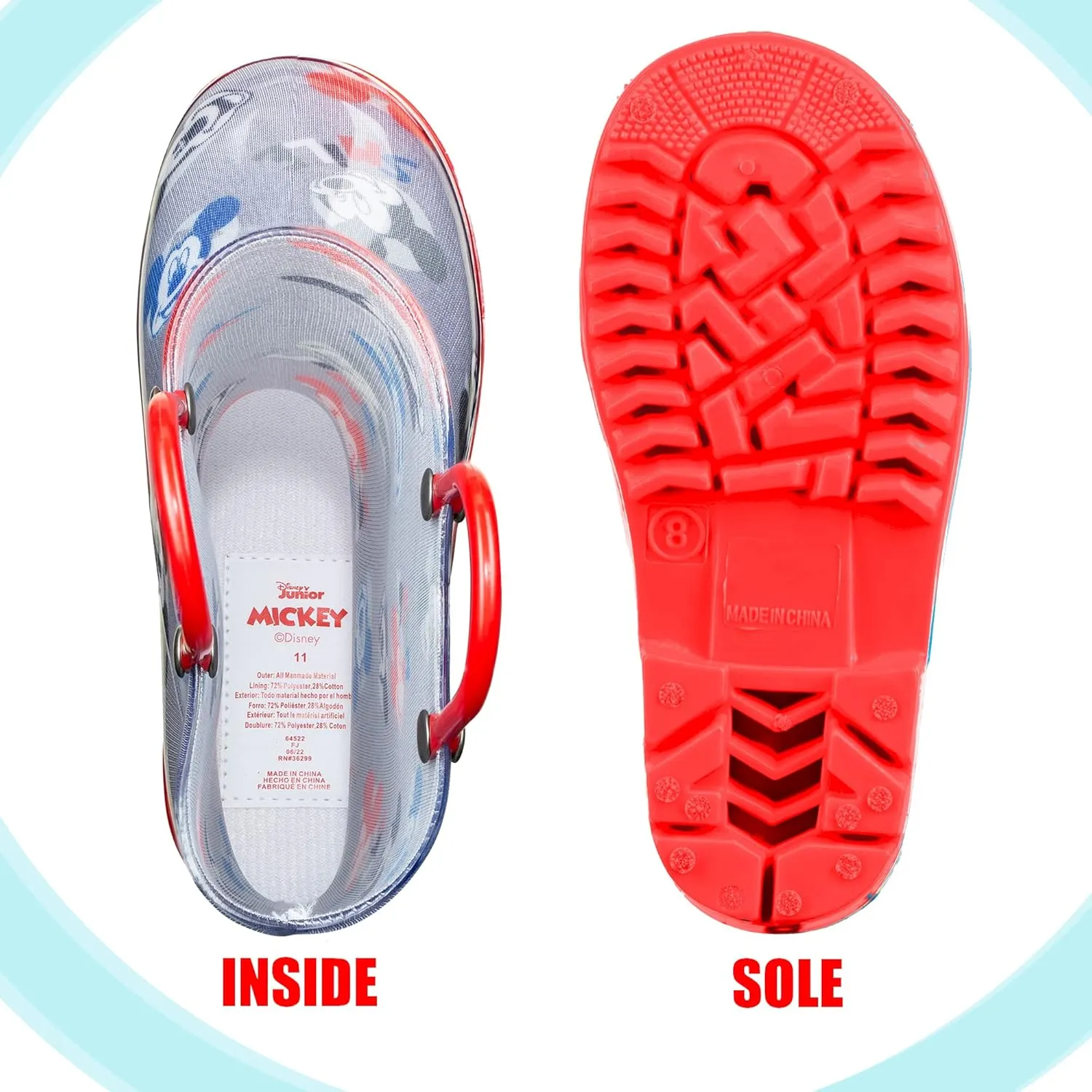 Disney Mickey Mouse Boys' Waterproof PVC Rain Boots with Handles – Toddler & Little Kids