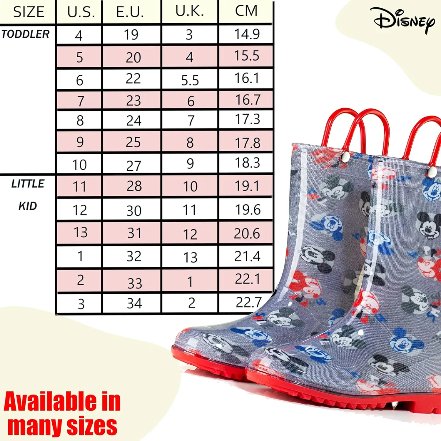 Disney Mickey Mouse Boys' Waterproof PVC Rain Boots with Handles – Toddler & Little Kids