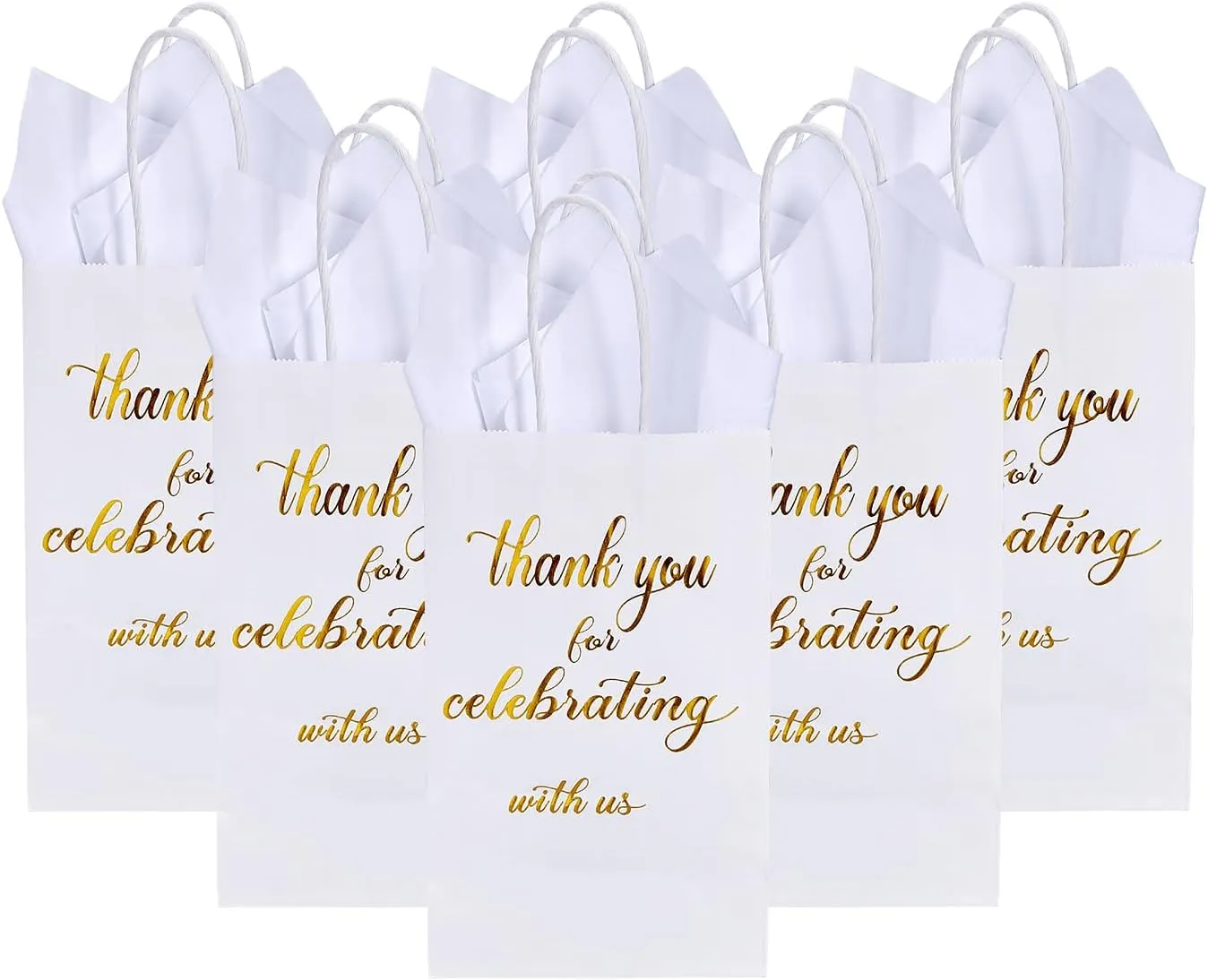 DjinnGlory 50 Pack Small White & Gold Foil Thank You Paper Gift Bags with Tissue Paper for Weddings Bridal Shower Party Favors, Thank You for Celebrating with Us Wecome Gift Bags, 9 x5.5x3.15 Inch