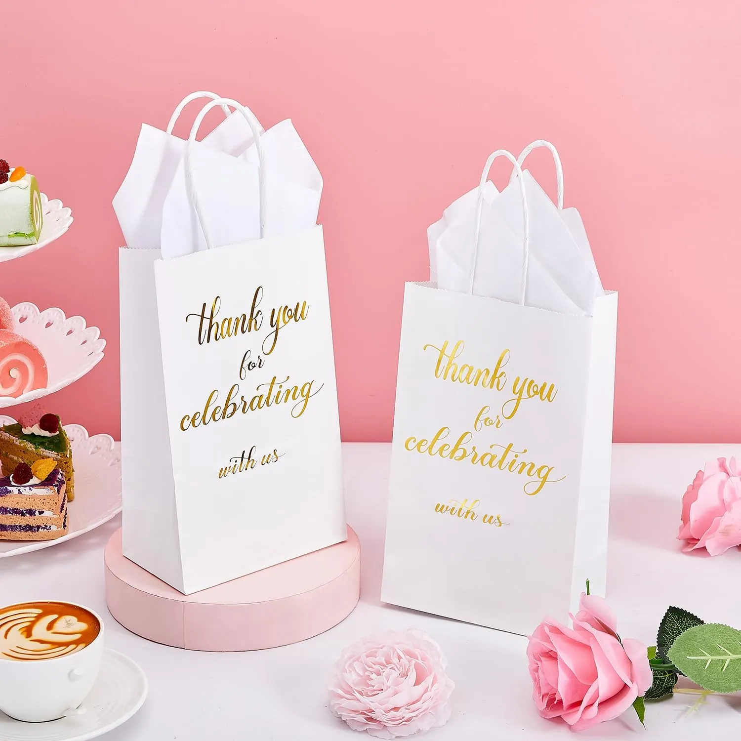 DjinnGlory 50 Pack Small White & Gold Foil Thank You Paper Gift Bags with Tissue Paper for Weddings Bridal Shower Party Favors, Thank You for Celebrating with Us Wecome Gift Bags, 9 x5.5x3.15 Inch