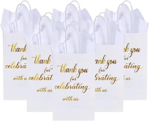 DjinnGlory 50 Pack Small White & Gold Foil Thank You Paper Gift Bags with Tissue Paper for Weddings Bridal Shower Party Favors, Thank You for Celebrating with Us Wecome Gift Bags, 9 x5.5x3.15 Inch