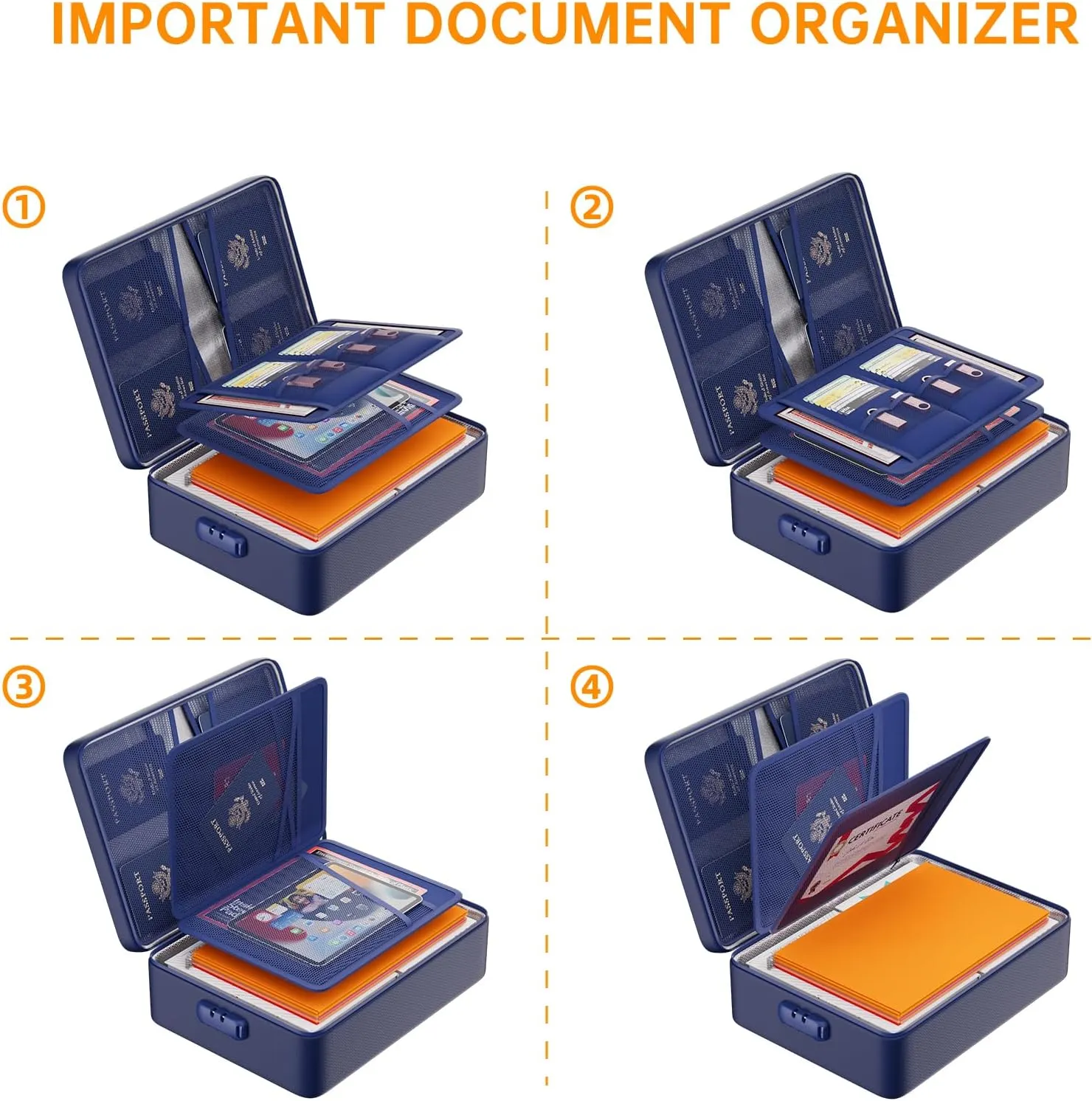 DocSafe 5200°F Document Organizer with Lock,Upgraded Heat Insulated Fireproof＆Waterproof Box 8 Layers File Organizer,Portable Home Travel Safe Storage for Important Documents, Files,Blue (Soft)