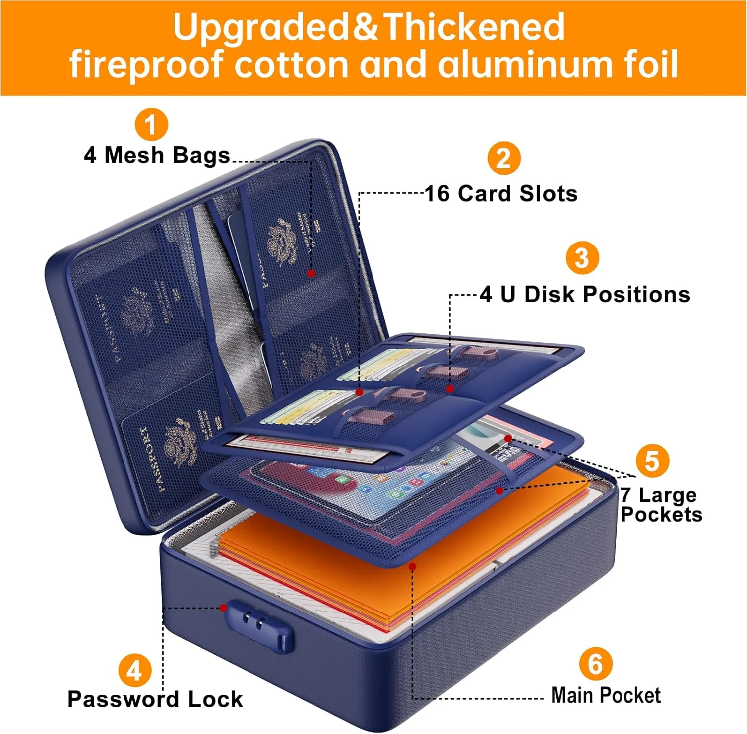 DocSafe 5200°F Document Organizer with Lock,Upgraded Heat Insulated Fireproof＆Waterproof Box 8 Layers File Organizer,Portable Home Travel Safe Storage for Important Documents, Files,Blue (Soft)